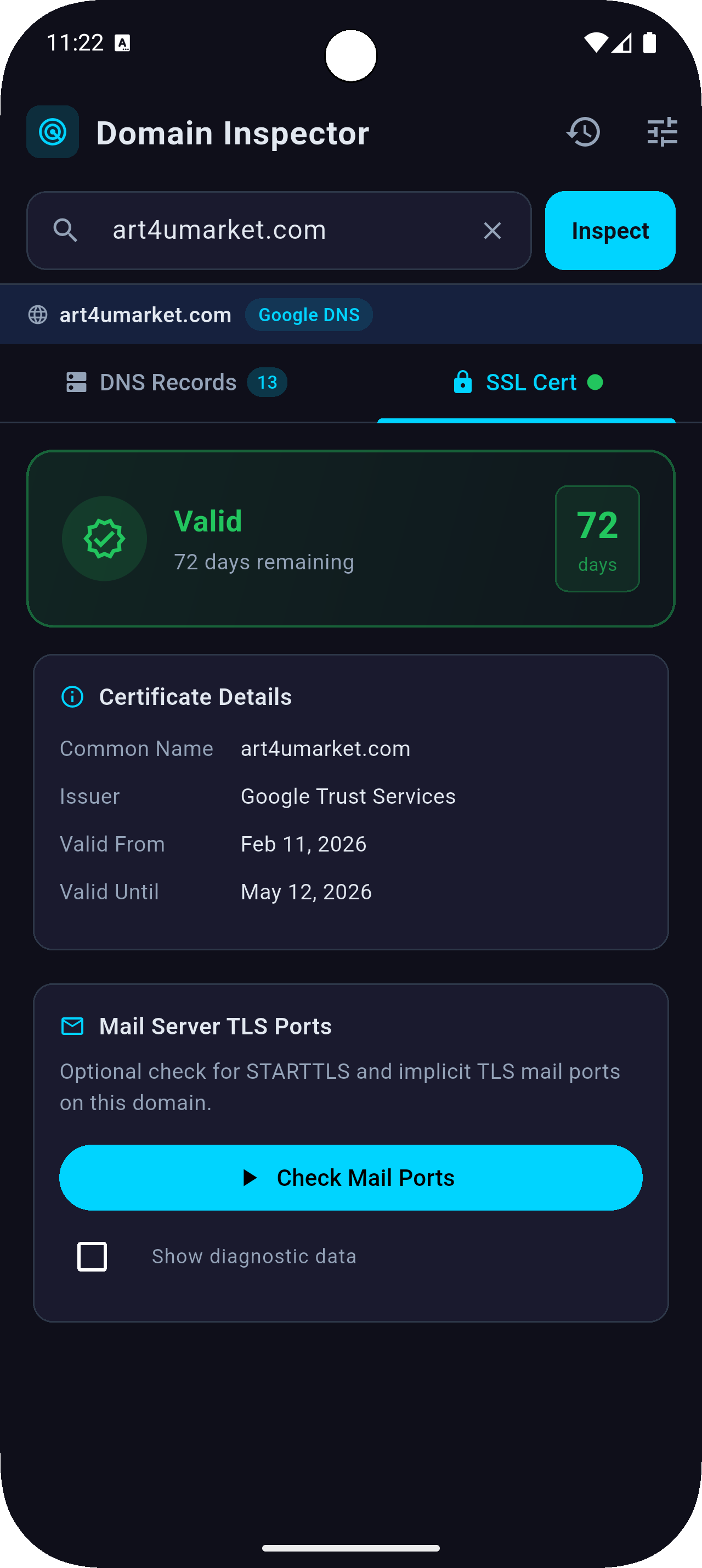 SSL inspector certificate view